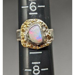 Artisan Signed LOW Fiery Natural Opal Sterling Silver Gold Ring Size 7